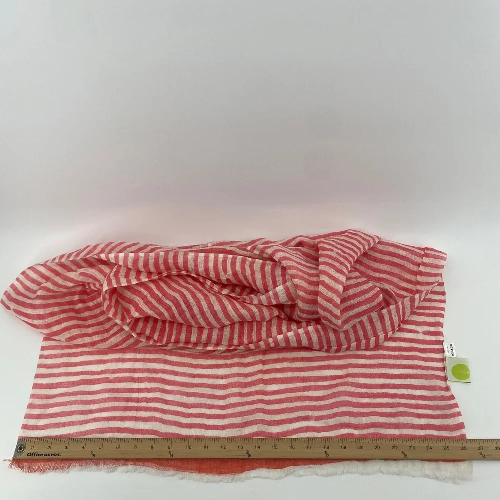 See‎ Design Scarf Womens OS Pink White Striped 100% Linen Wrap Shawl